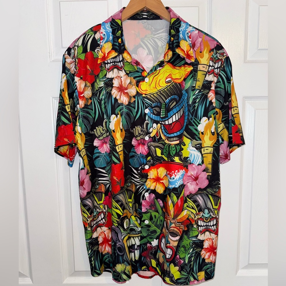 Tiki Mask Hawaiian Shirt Tropical Aloha Print Vacation Party Large